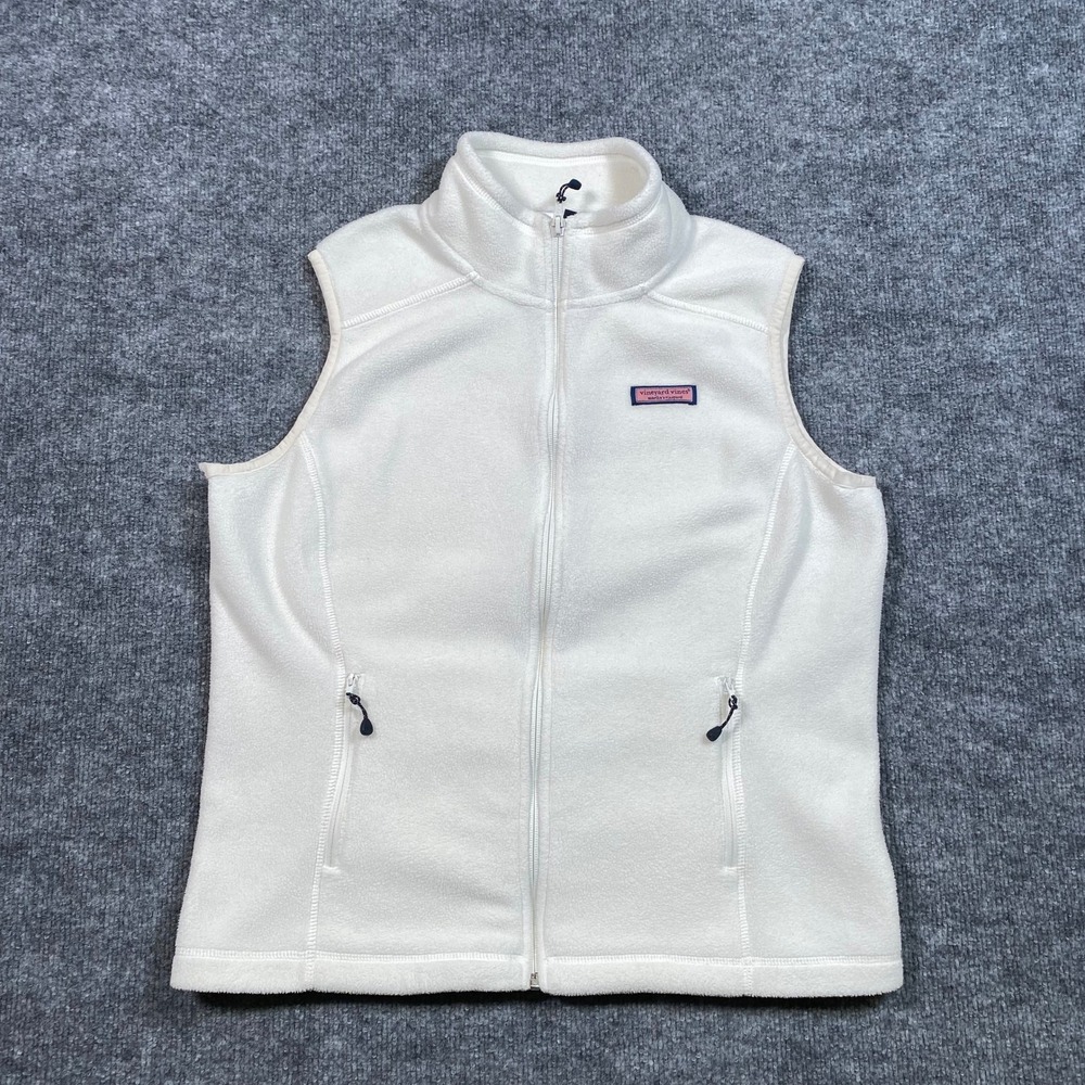 Vineyard‎ Vines Womens White Fleece Full Zip Vest Mock Neck Logo 2O0067 Small
